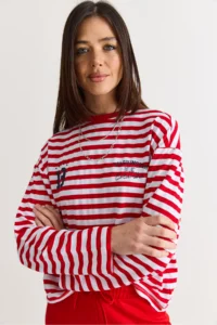 Bianco Lucci Women's White-Red Striped Digital Print Detailed Oversize Long Sleeve T-Shirt 925 - Image 4