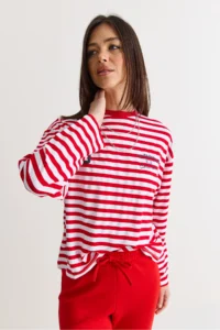 Bianco Lucci Women's White-Red Striped Digital Print Detailed Oversize Long Sleeve T-Shirt 925 - Image 5