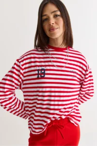 Bianco Lucci Women's White-Red Striped Digital Print Detailed Oversize Long Sleeve T-Shirt 925 - Image 6