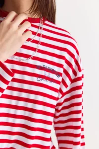 Bianco Lucci Women's White-Red Striped Digital Print Detailed Oversize Long Sleeve T-Shirt 925 - Image 7