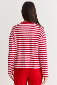 Bianco Lucci Women's White-Red Striped Digital Print Detailed Oversize Long Sleeve T-Shirt 925 - Image 8