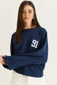 Bianco Lucci Women's Navy Blue 91 Printed Oversize Long Sleeve Modal T-Shirt 12470