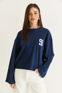 Bianco Lucci Women's Navy Blue 91 Printed Oversize Long Sleeve Modal T-Shirt 12470 - Image 2