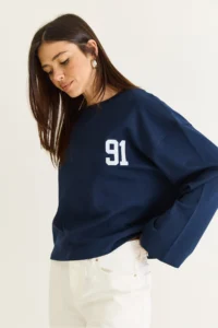 Bianco Lucci Women's Navy Blue 91 Printed Oversize Long Sleeve Modal T-Shirt 12470 - Image 3