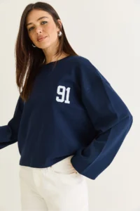 Bianco Lucci Women's Navy Blue 91 Printed Oversize Long Sleeve Modal T-Shirt 12470 - Image 4