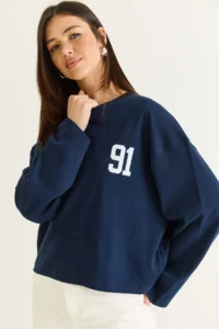 Bianco Lucci Women's Navy Blue 91 Printed Oversize Long Sleeve Modal T-Shirt 12470 - Image 5