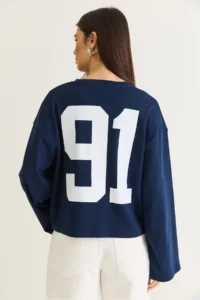 Bianco Lucci Women's Navy Blue 91 Printed Oversize Long Sleeve Modal T-Shirt 12470 - Image 6