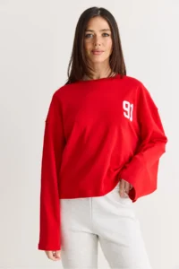 Bianco Lucci Women's Red 91 Printed Oversize Long Sleeve Modal T-Shirt 12470 - Image 2
