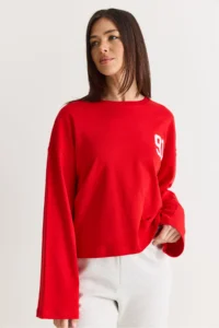 Bianco Lucci Women's Red 91 Printed Oversize Long Sleeve Modal T-Shirt 12470 - Image 3