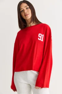 Bianco Lucci Women's Red 91 Printed Oversize Long Sleeve Modal T-Shirt 12470 - Image 4