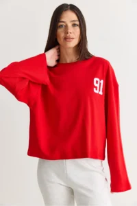 Bianco Lucci Women's Red 91 Printed Oversize Long Sleeve Modal T-Shirt 12470 - Image 5