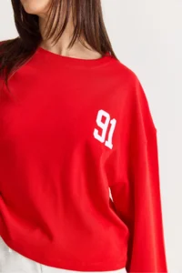 Bianco Lucci Women's Red 91 Printed Oversize Long Sleeve Modal T-Shirt 12470 - Image 6