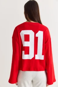 Bianco Lucci Women's Red 91 Printed Oversize Long Sleeve Modal T-Shirt 12470 - Image 7