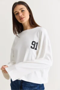 Bianco Lucci Women's White 91 Printed Oversize Long Sleeve Modal T-Shirt 12470