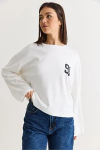 Bianco Lucci Women's White 91 Printed Oversize Long Sleeve Modal T-Shirt 12470 - Image 4