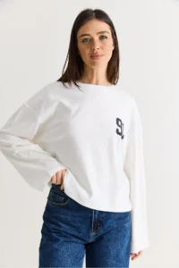 Bianco Lucci Women's White 91 Printed Oversize Long Sleeve Modal T-Shirt 12470 - Image 5