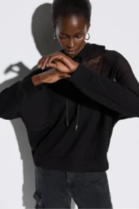 No Matter What Women's Hooded Sweatshirt Transparent Shoulder Tulle Long Sleeve Cotton - Image 3