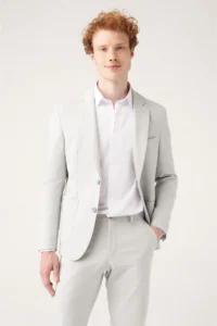 Avva Men's Gray Bi-Stretch Unlined Double Slit Comfort Slim Fit Jacket - Image 3