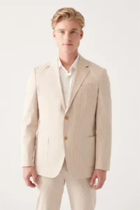 Avva Men's Beige Unlined Cotton Blend Double Slit Jacket