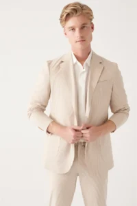 Avva Men's Beige Unlined Cotton Blend Double Slit Jacket - Image 3