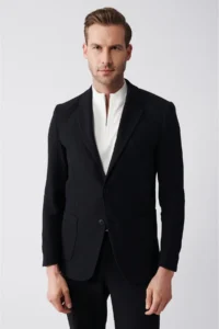 Avva Men's Black Unlined Stripe Sequined Double Slit Jacket - Image 3