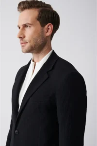 Avva Men's Black Unlined Stripe Sequined Double Slit Jacket - Image 4