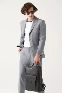 Avva Men's Navy Blue Plaid Sequined Unlined Double Slit Comfort Slim Fit Jacket - Image 2