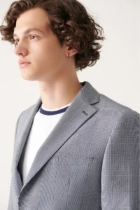 Avva Men's Navy Blue Plaid Sequined Unlined Double Slit Comfort Slim Fit Jacket - Image 3