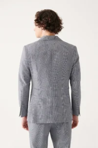 Avva Men's Navy Blue Plaid Sequined Unlined Double Slit Comfort Slim Fit Jacket - Image 5