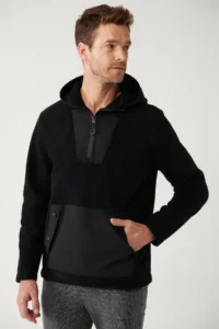 Avva Men's Black Hooded Collar Garni Fabric Detailed Sweatshirt Polar - Image 2