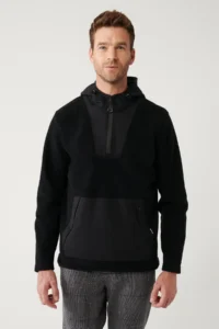 Avva Men's Black Hooded Collar Garni Fabric Detailed Sweatshirt Polar - Image 4