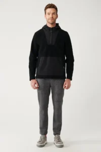 Avva Men's Black Hooded Collar Garni Fabric Detailed Sweatshirt Polar - Image 7