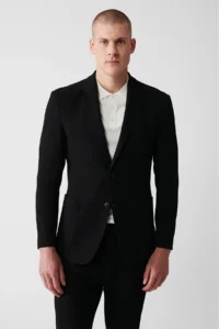 Avva Men's Black Mono Collar Flexible Double Slit Unlined Comfort Slim Fit Jacket - Image 2