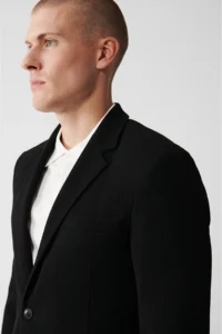 Avva Men's Black Mono Collar Flexible Double Slit Unlined Comfort Slim Fit Jacket - Image 3