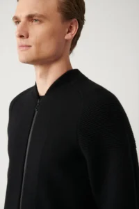 Avva Men Black Bomber Jacket Jacket Collar Zippered Cardigan - Image 2