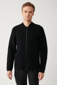 Avva Men Black Bomber Jacket Jacket Collar Zippered Cardigan - Image 3