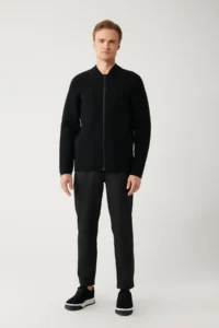 Avva Men Black Bomber Jacket Jacket Collar Zippered Cardigan - Image 5