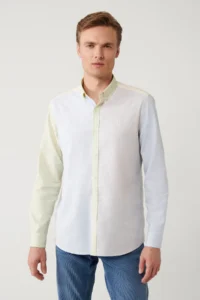 Avva Men's Light Blue Button Collar Linen Blend Regular Fit Shirt