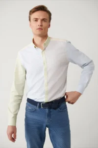 Avva Men's Light Blue Button Collar Linen Blend Regular Fit Shirt - Image 3