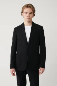 Avva Men's Black Slit Unlined Flexible Fabric Comfort Slim Fit Blazer Jacket - Image 3