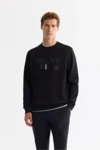 Avva Men's Black Crew Neck Cotton Printed Elastane Regular Fit Sweatshirt