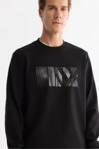 Avva Men's Black Crew Neck Cotton Printed Elastane Regular Fit Sweatshirt - Image 2