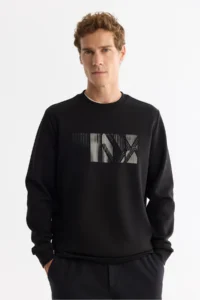 Avva Men's Black Crew Neck Cotton Printed Elastane Regular Fit Sweatshirt - Image 5