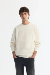 Avva Men's Ecru Crew Neck Cotton Printed Elastane Regular Fit Sweatshirt