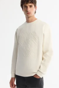 Avva Men's Ecru Crew Neck Cotton Printed Elastane Regular Fit Sweatshirt - Image 2