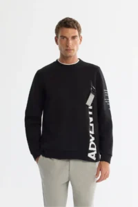 Avva Men's Black Crew Neck Cotton Printed Elastane Regular Fit Sweatshirt