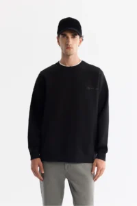 Avva Men's Black Crew Neck Elastane Oversize Fit Sweatshirt