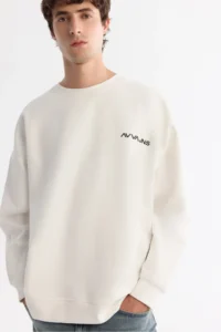 Avva Men's Ecru Crew Neck Elastane Oversize Fit Sweatshirt - Image 2