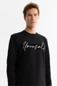 Avva Men's Black Crew Neck Cotton Printed Elastane Regular Fit Sweatshirt - Image 2