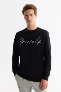 Avva Men's Black Crew Neck Cotton Printed Elastane Regular Fit Sweatshirt - Image 5